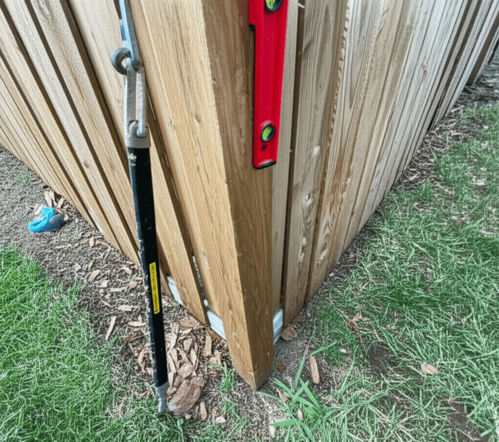 Generate a high-quality, relevant image prompt for an article about: How to Straighten Wooden Fence