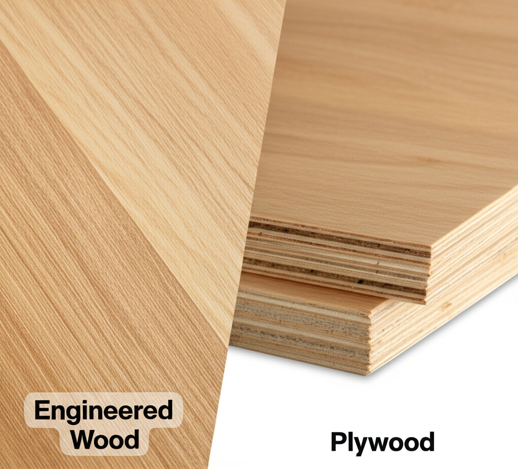 Generate a high-quality, relevant image prompt for an article about: Engineered Wood vs Plywood: Ess